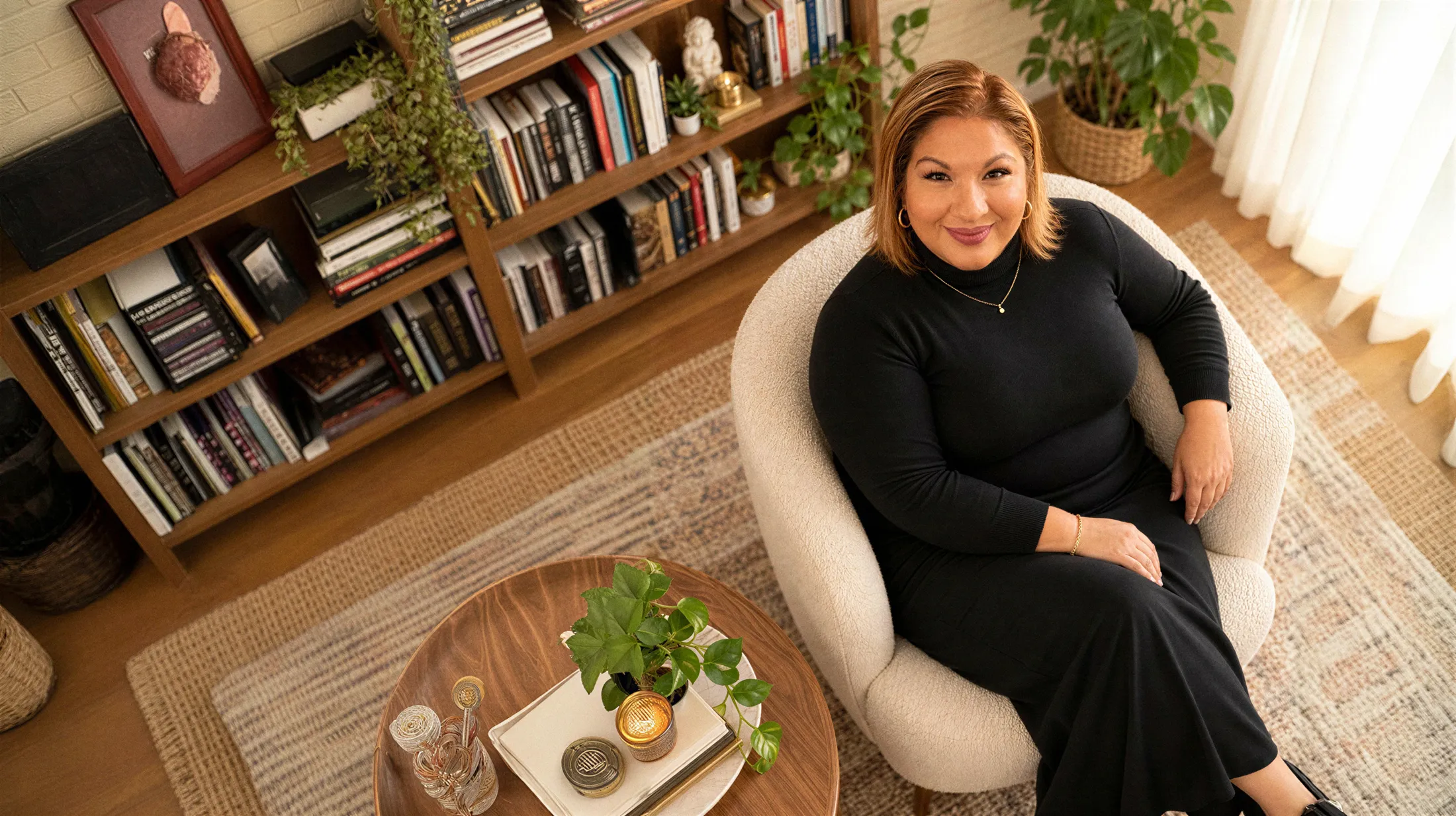 Olivia Murillo sentada en un sillón de su sala