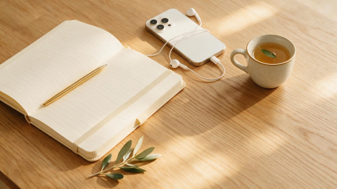 Cuaderno, teléfono con audífonos y una taza de té sobre la mesa por la mañana