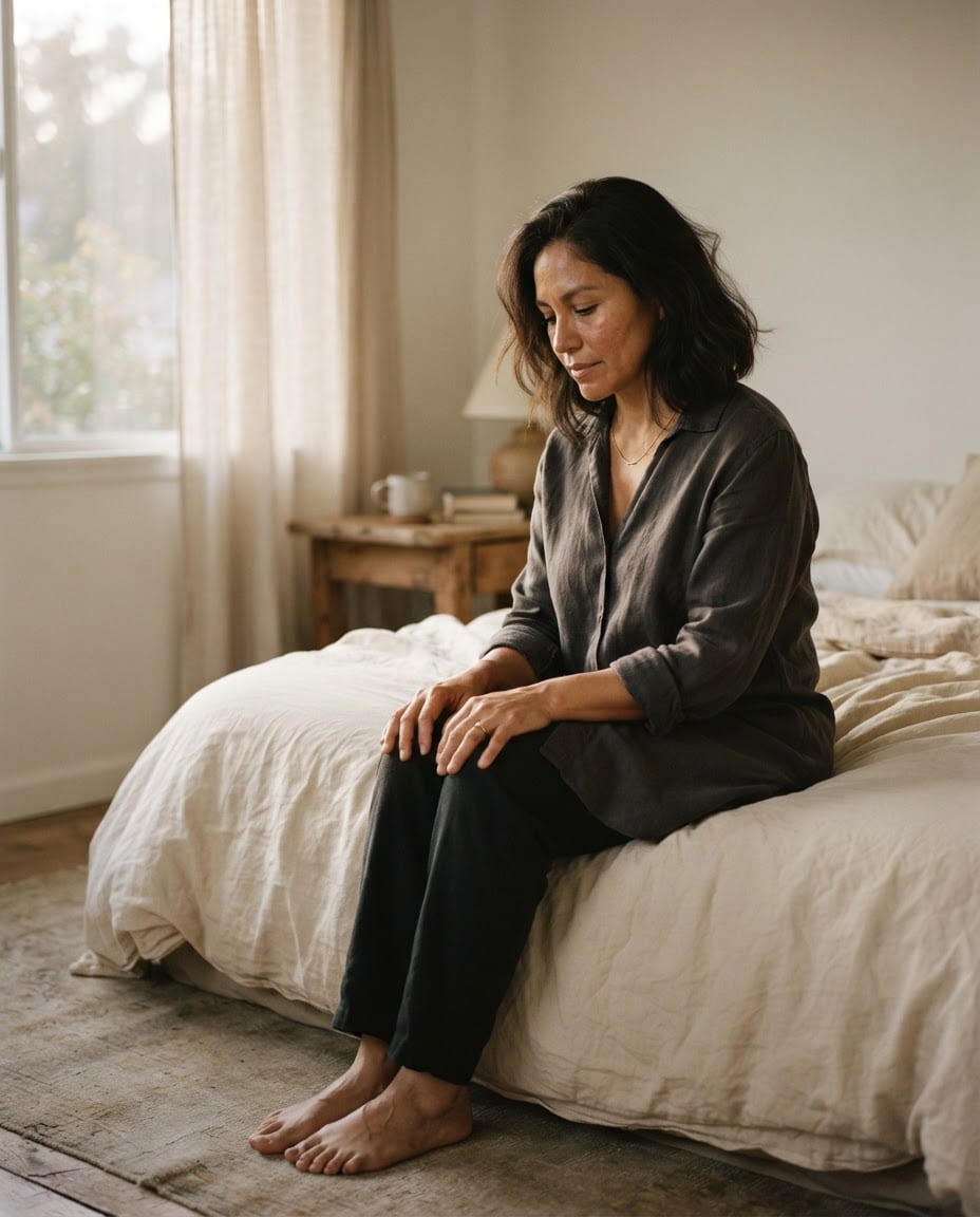 Mujer sentada en la orilla de la cama al amanecer