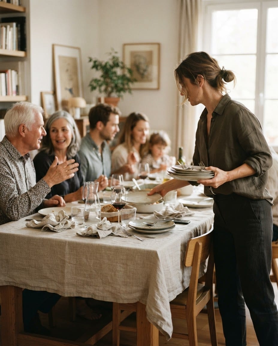 Mujer recogiendo los platos en la mesa familiar