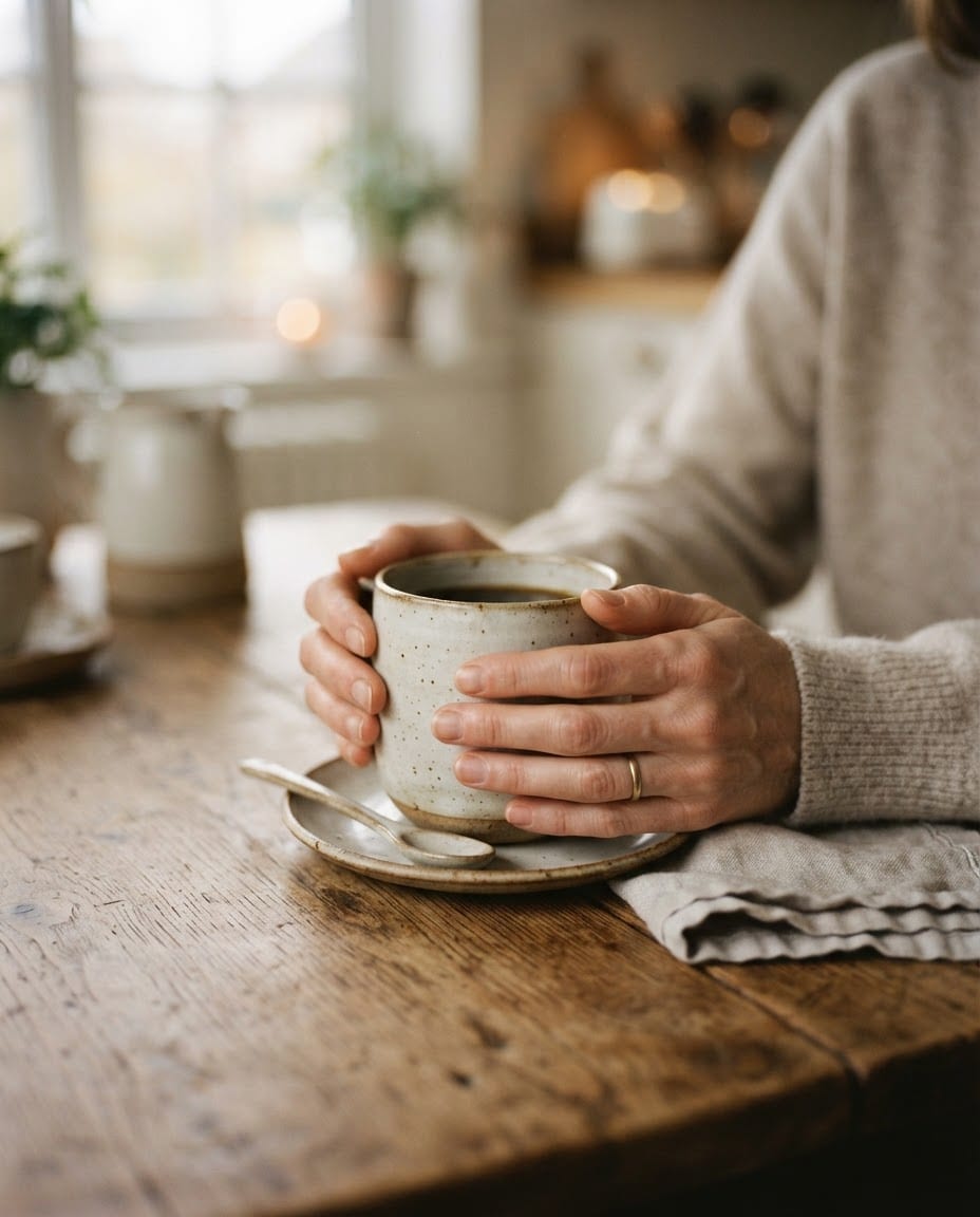 Manos de mujer alrededor de una taza de café fría